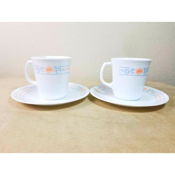 Corelle Teacup & Saucers Corning Apricot Grove Fine China USA x2 Vintage - Picture 1 of 15